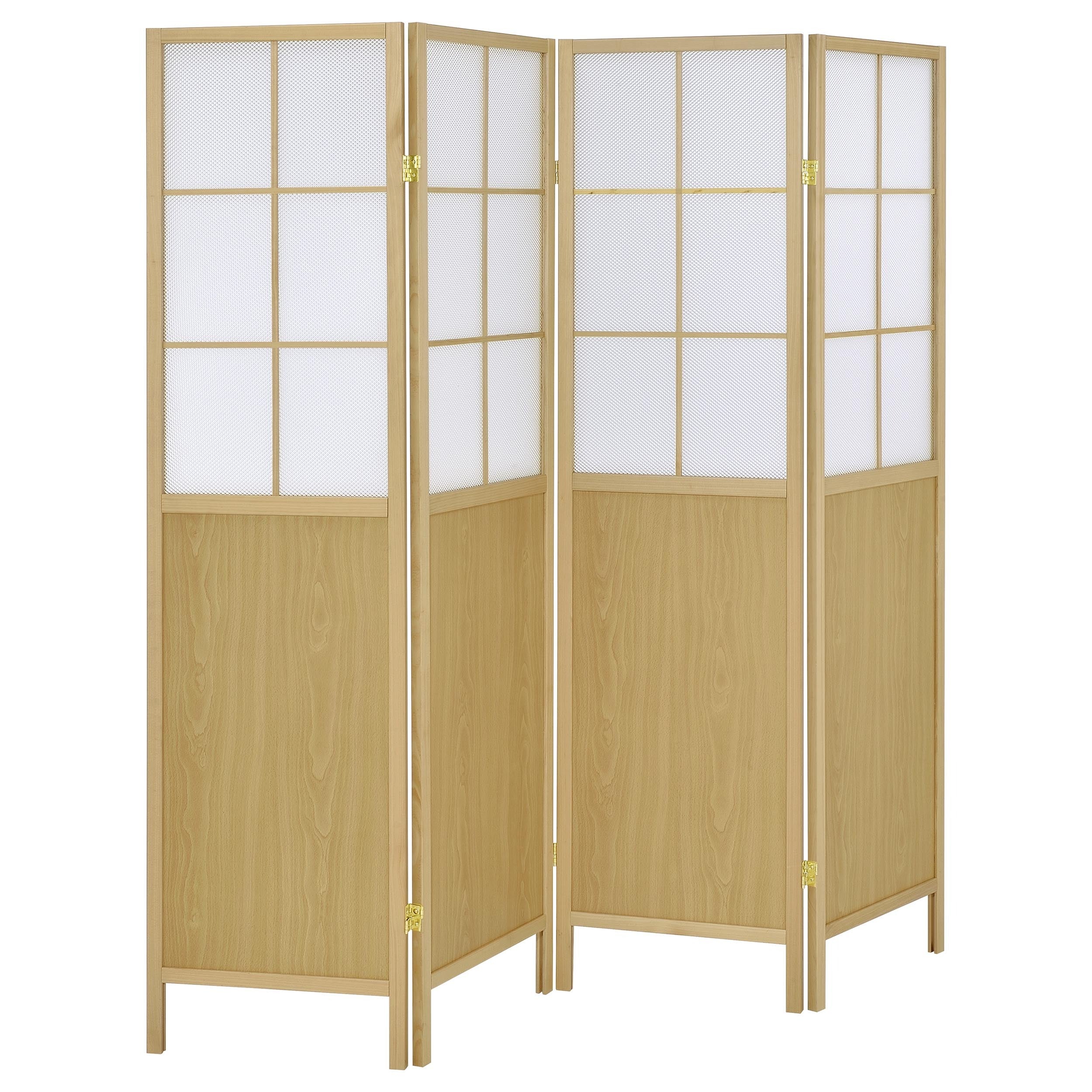 Gabby Natural 4-Panel Room Divider Folding Shoji Screen with Windowpane Details, Natural Wood Frame, Lightweight Polystyrene Panels