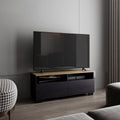 Colman Modern TV Stand with Open Shelves and Compact Profile, Minimalist Media Console for Living Room or Bedroom, Black - Natural Oak