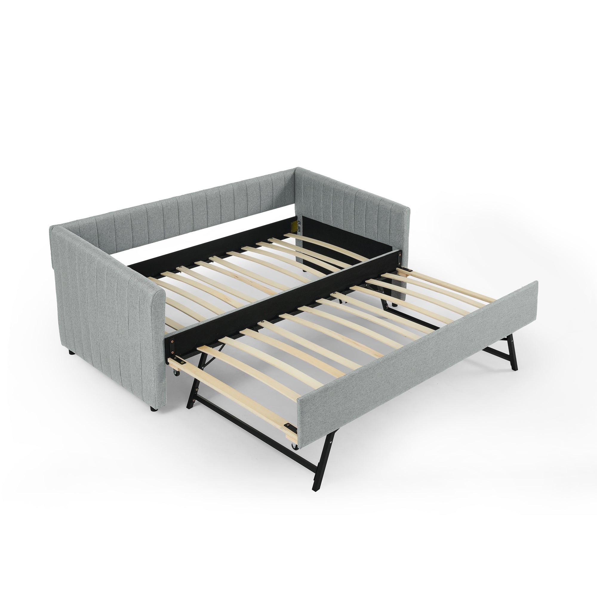 Grey Upholstered Twin Daybed with Trundle, Vertical Stripe Linen Fabric, 82.5''x43''x30''