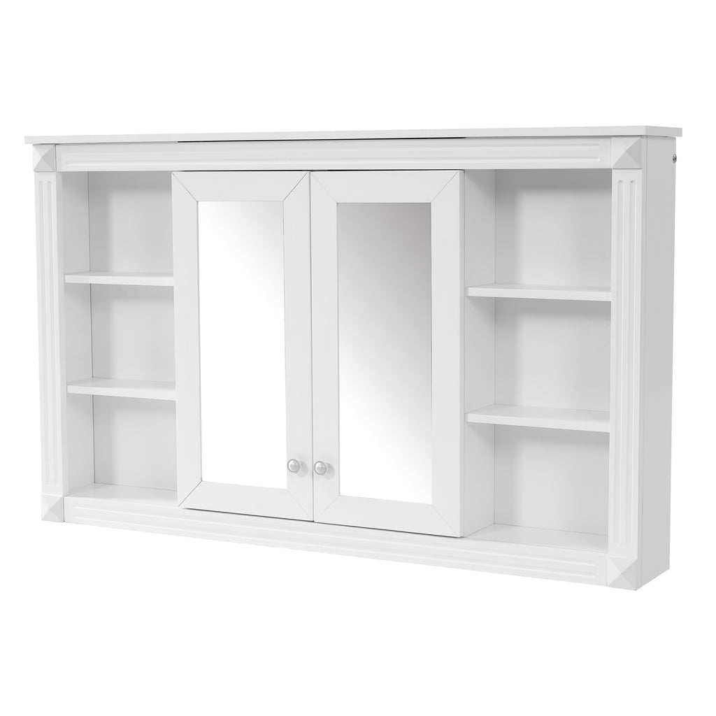 Modern 47 Inch White Wall-Mounted Mirror Cabinet with Adjustable Shelf and Open Shelves, MDF Construction, Rectangular Design