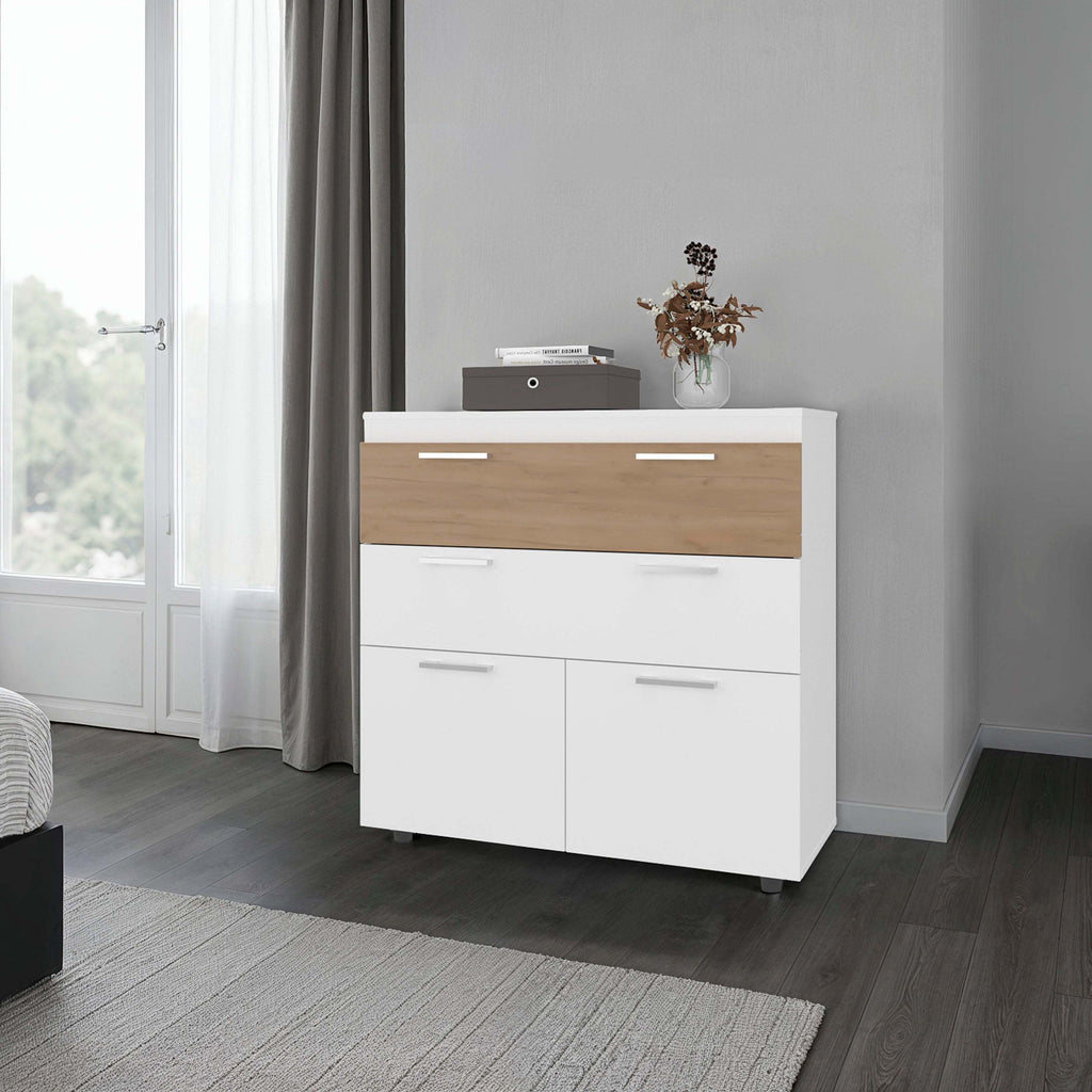 White and Natural Oak Storage Cabinet with Drawers