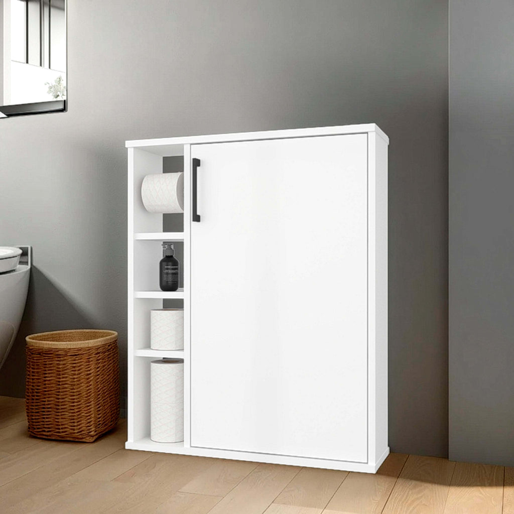 White 1-Door Bathroom Cabinet with 4 Open Shelf