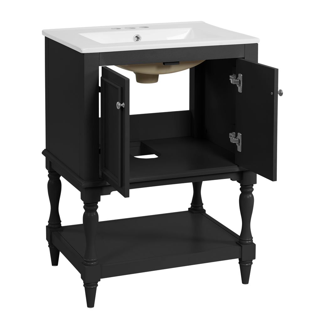 Modern Luxury 24 inch Black Bathroom Vanity with Ceramic Sink, Open Shelf & Closed Storage, Solid Wood+MDF Cabinet