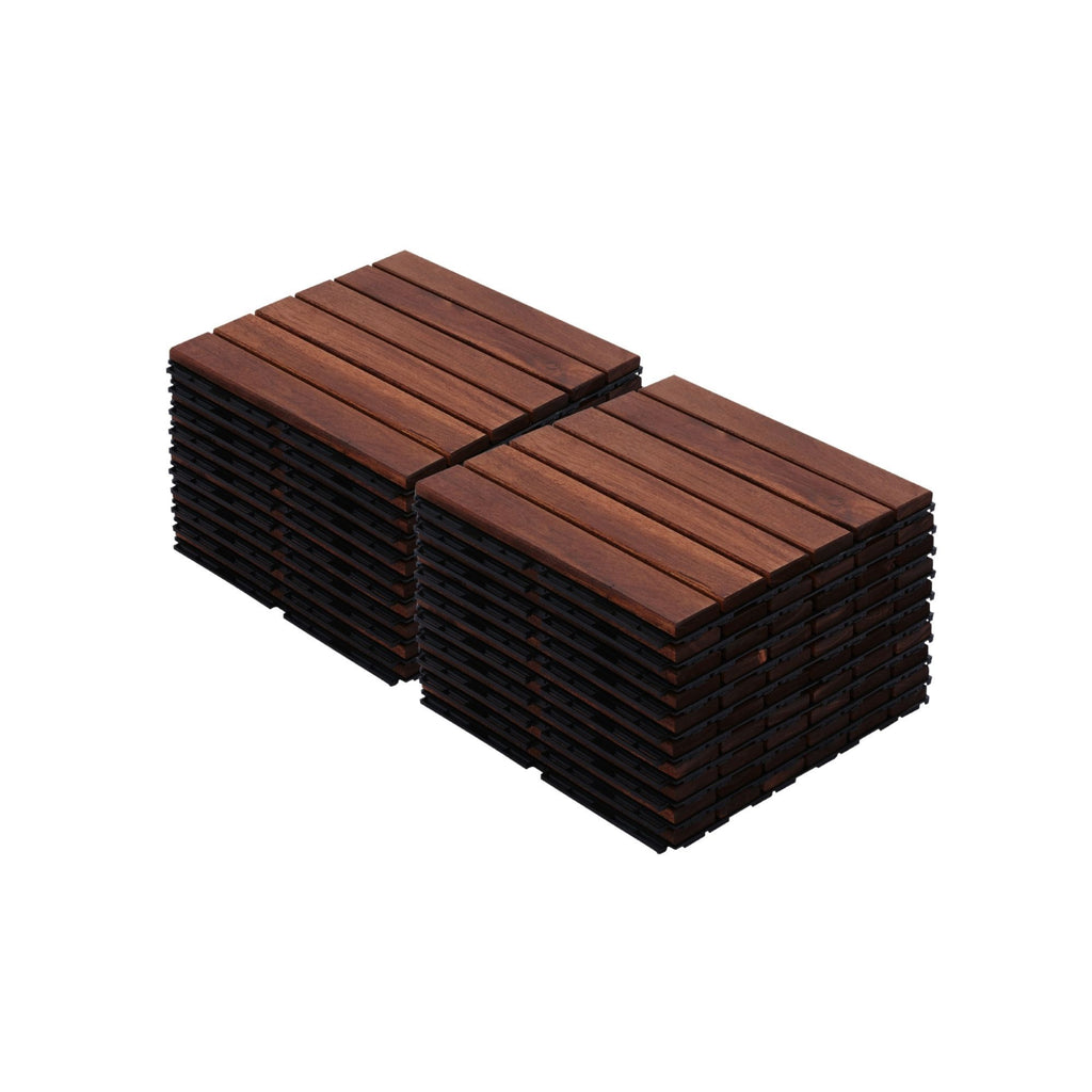 Acacia Wood Interlocking Deck Tiles Striped Pattern 20 PCS Waterproof Anti-Mildew Brown 12' x 12'