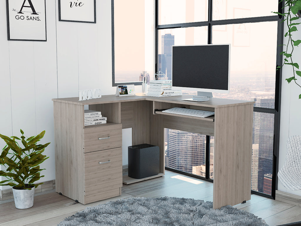Mix L-Shaped Desk, Keyboard Tray, Two Drawers, Single Open Shelf -Light Gray