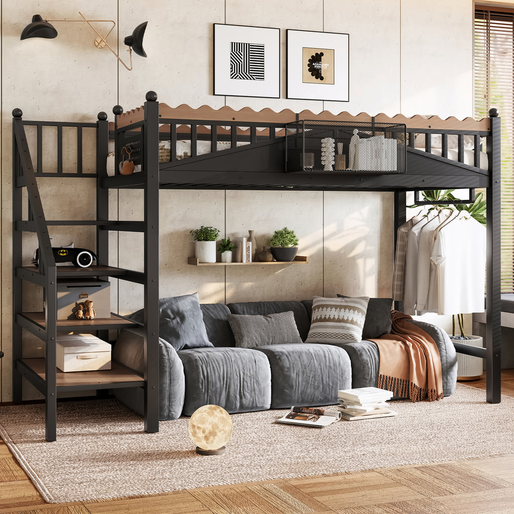 Twin XL Size Loft Bed with Storage Stairs, Metal Loft Beds Frame with Storage Shelves and bookshelf, Loft Bed for Bedroom, Guest, Dorms, Black