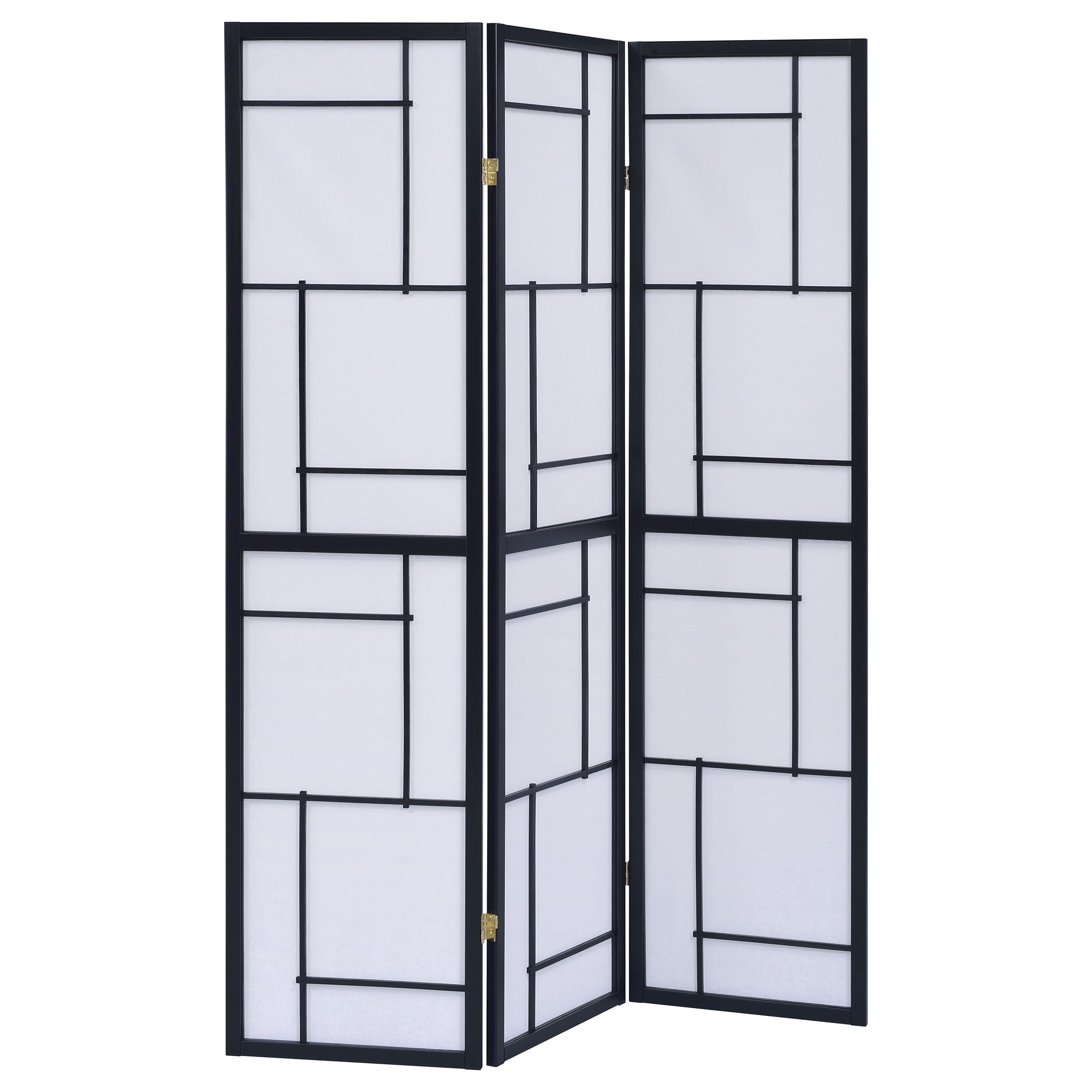 Reese Black 3-Panel Room Divider Folding Shoji Screen in White with Beige Accents, Rubberwood and Fabric Construction