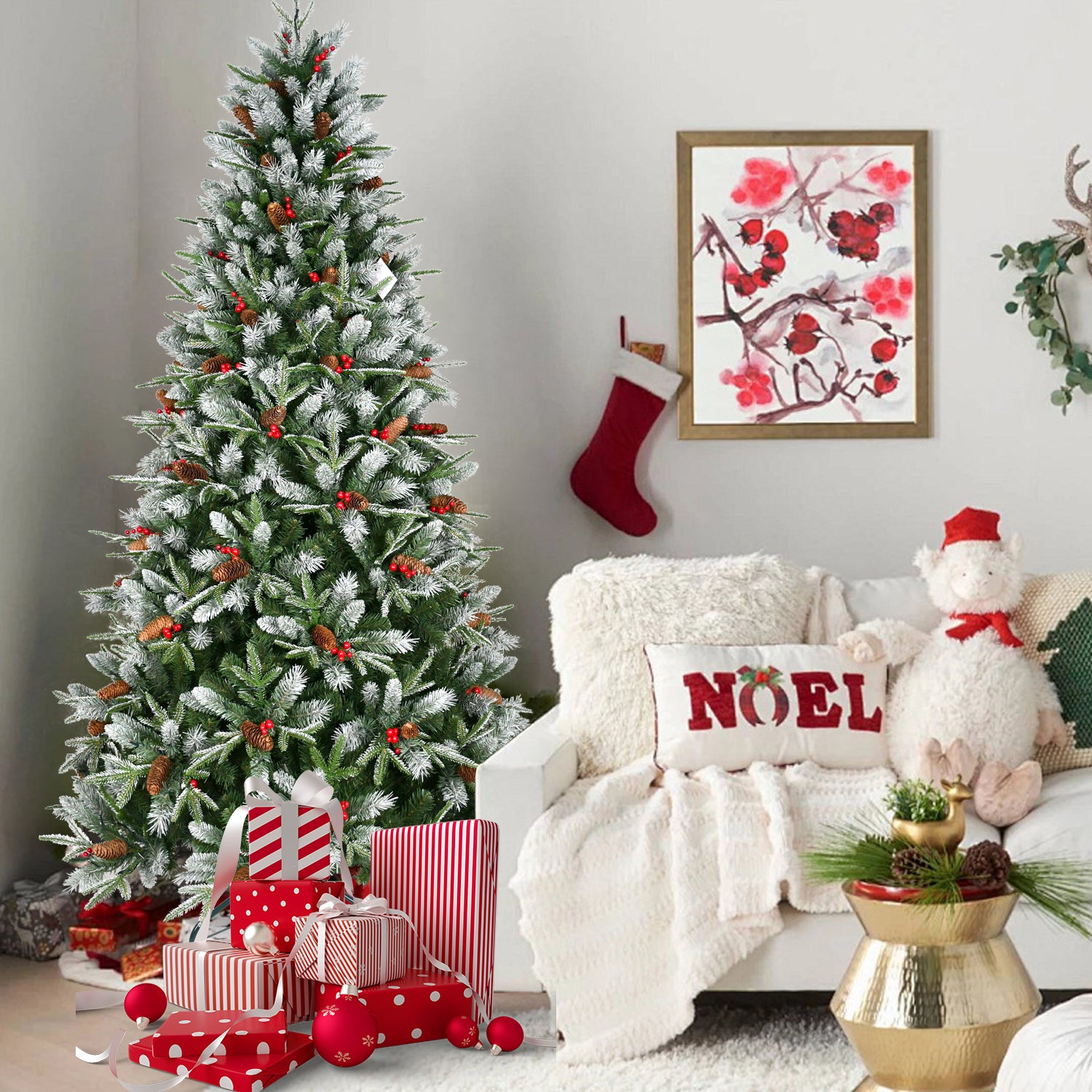 7.5FT Christmas Tree with 2514 Tips, Red Berries & Pine Cones – Snow-Dusted PE+PVC Branches, Hinged Design for Easy Setup, Sturdy Metal Stand – Full, Natural Holiday Tree Decoration