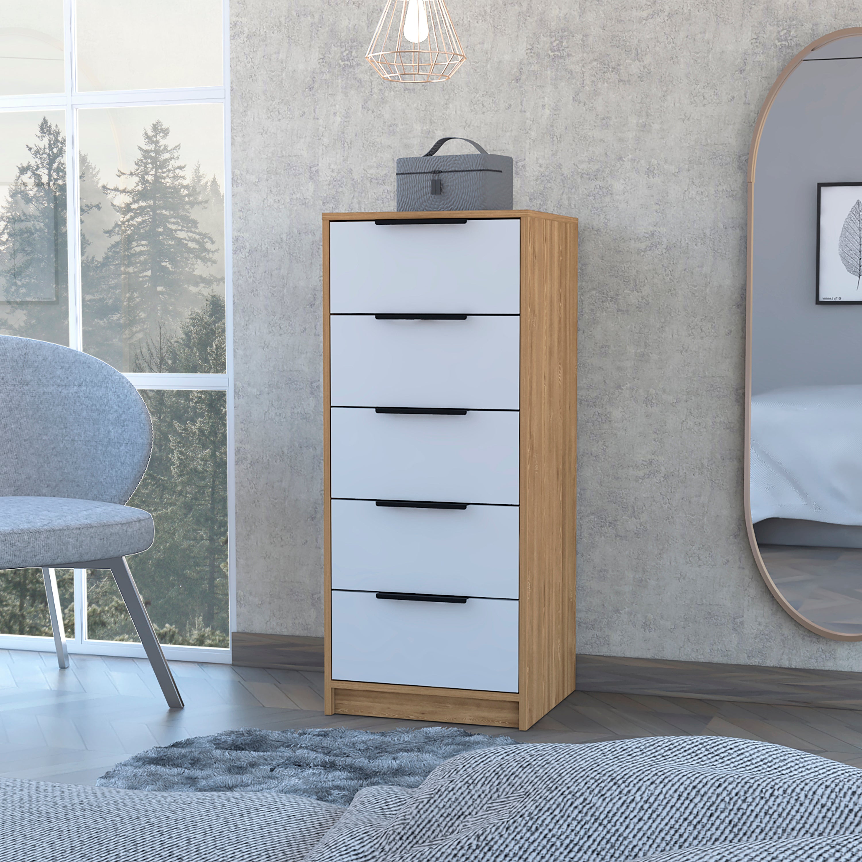 Kaia 5 Drawer Dresser, Vertical Dresser -White / Pine