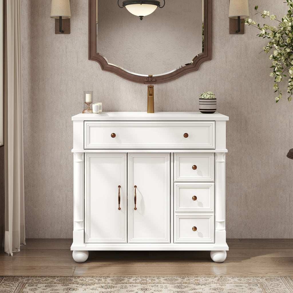35.6' Mid-Century Bathroom Vanity Sink with Roman Column Base, Farmhouse Freestanding Bathroom Vanity Sink with Storage, High-end Restroom Vanity Cabinet with Metal Handles & Solid Wood Frame, White