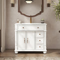 35.6' Mid-Century Bathroom Vanity Sink with Roman Column Base, Farmhouse Freestanding Bathroom Vanity Sink with Storage, High-end Restroom Vanity Cabinet with Metal Handles & Solid Wood Frame, White
