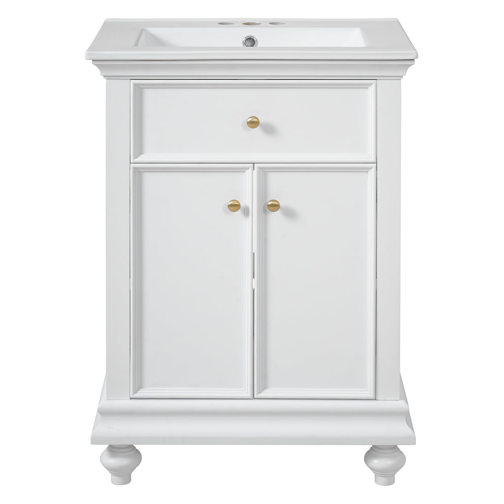 24' Modern Bathroom Vanity with Tip-Out Drawer, Soft-Close Hinges, Ball-Turned Legs in White Ceramic Sink, MDF and Solid Wood Construction