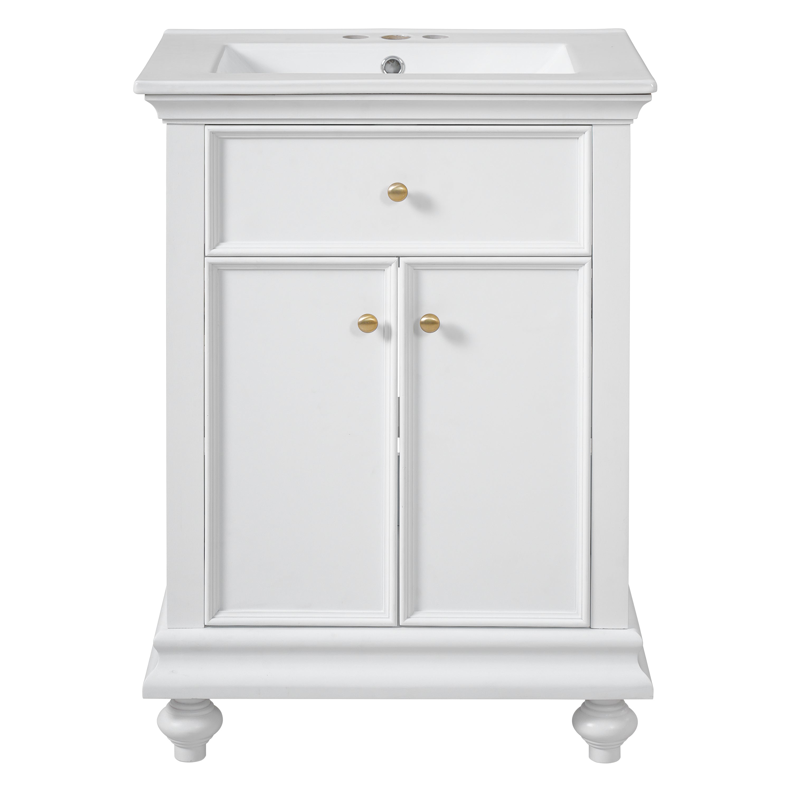 24' Modern Bathroom Vanity with Tip-Out Drawer, Soft-Close Hinges, Ball-Turned Legs in White Ceramic Sink, MDF and Solid Wood Construction