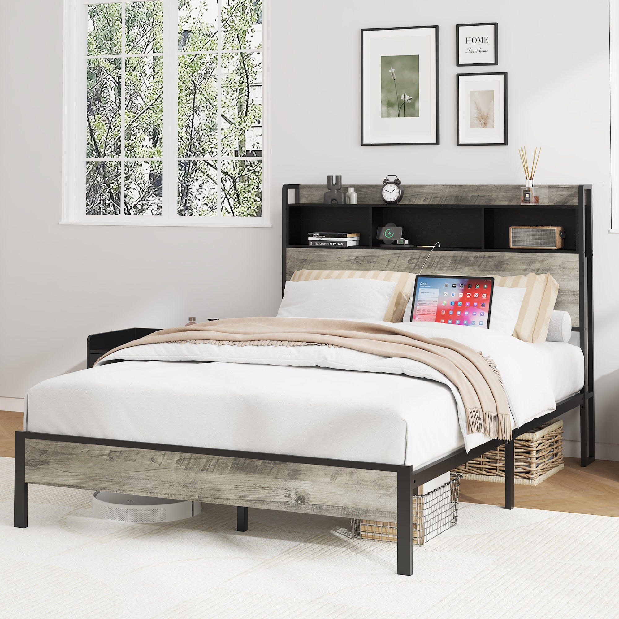 Full size bed frame, wooden platform bed frame, with storage and 2 USBs, no noise, no need for box springs, easy to assemble tools, large storage space under the bed, Antique Gray