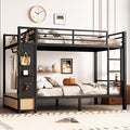 Full over Full size Metal Bunk Bed for Teens with Storage Shelves ,Drawers and Pegboard,Black