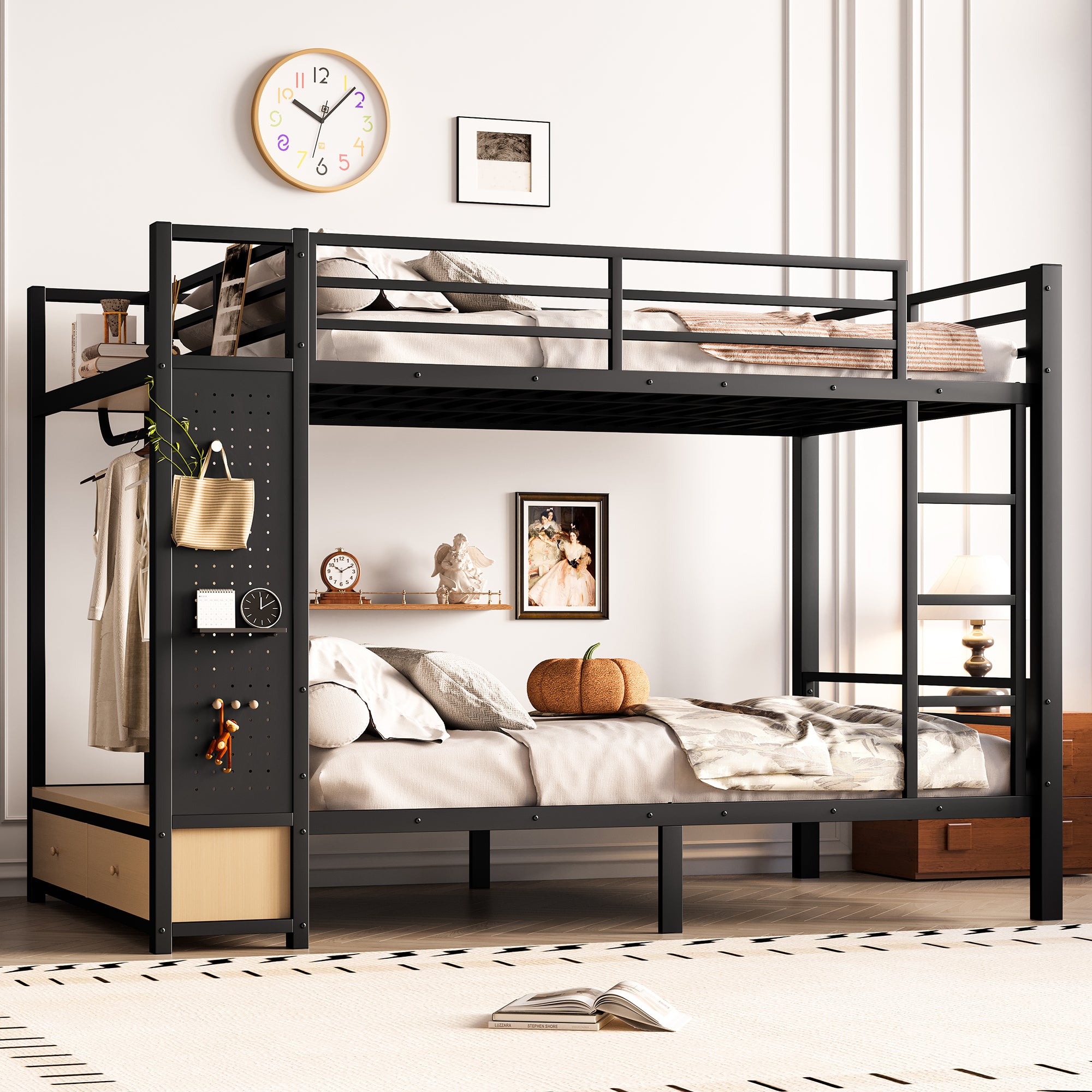 Full over Full size Metal Bunk Bed for Teens with Storage Shelves ,Drawers and Pegboard,Black