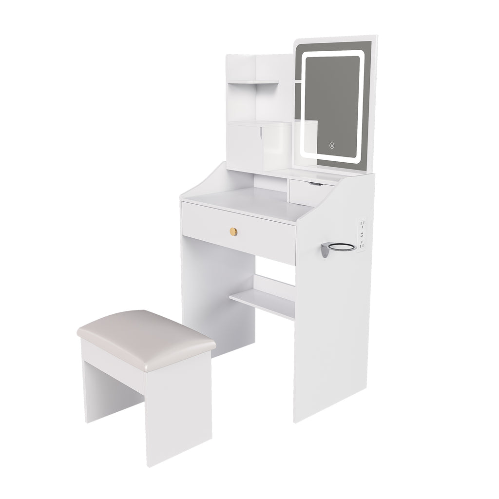 White 3-Color LED Vanity Mirror with Stool, Dressing Table for Bedroom, 2 Drawers & 5 Storage Cabinets (4 Open + 1 Hidden), Adjustable Lighting