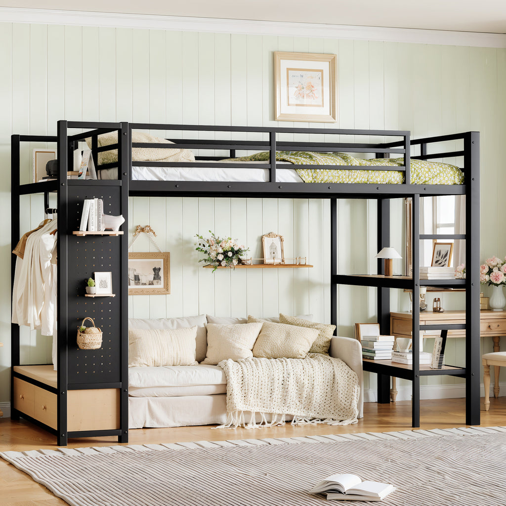 Twin XL size Loft Bed Frame with Wardrobe,Metal Loft Bed with Storage Shelves and Pegboard,Black