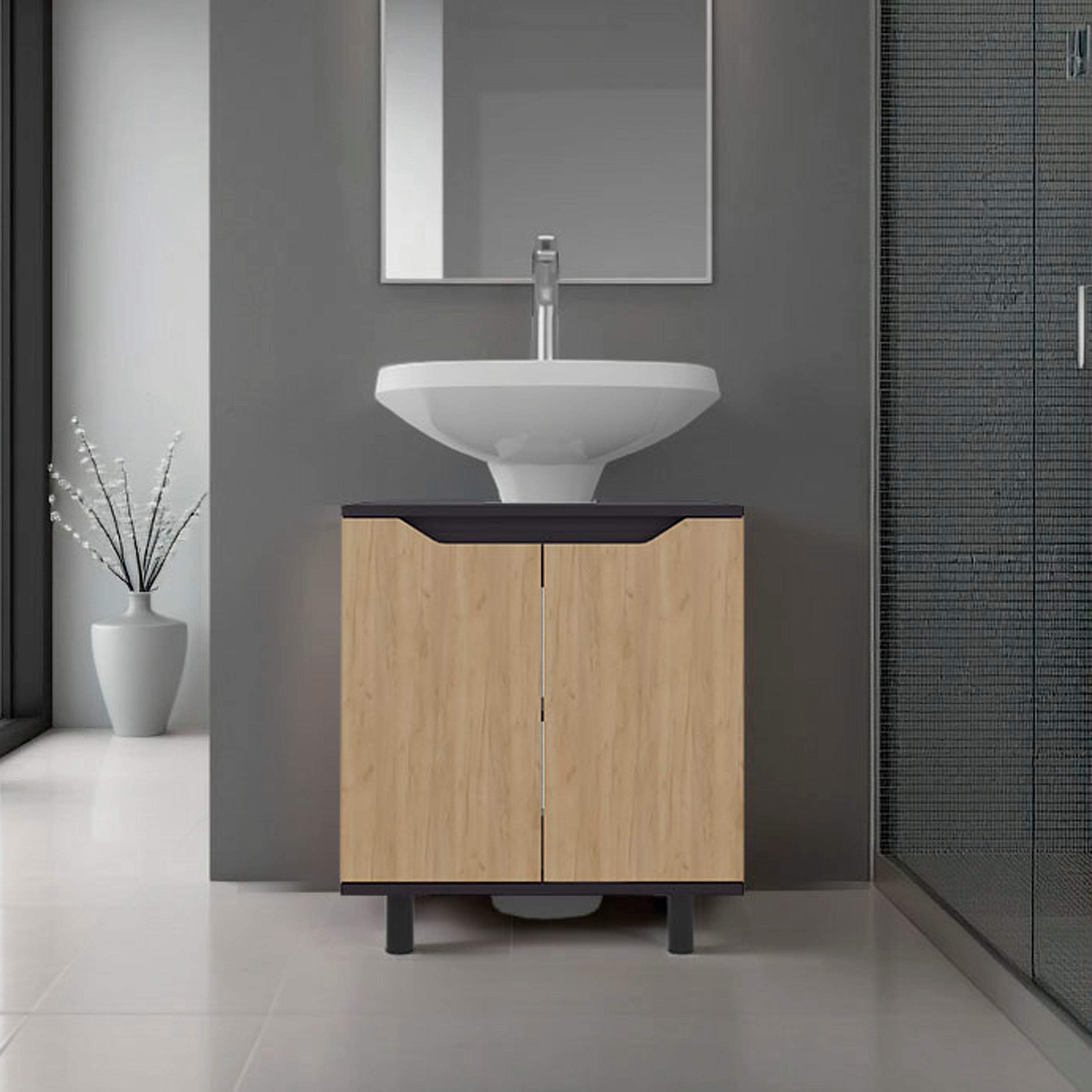 Marlo Under Sink Cabinet with Two Doors and Interior Storage Shelves, Cut-Out Back, 22 Wide Freestanding, Modern Bathroom Storage, Black, Natural Oak