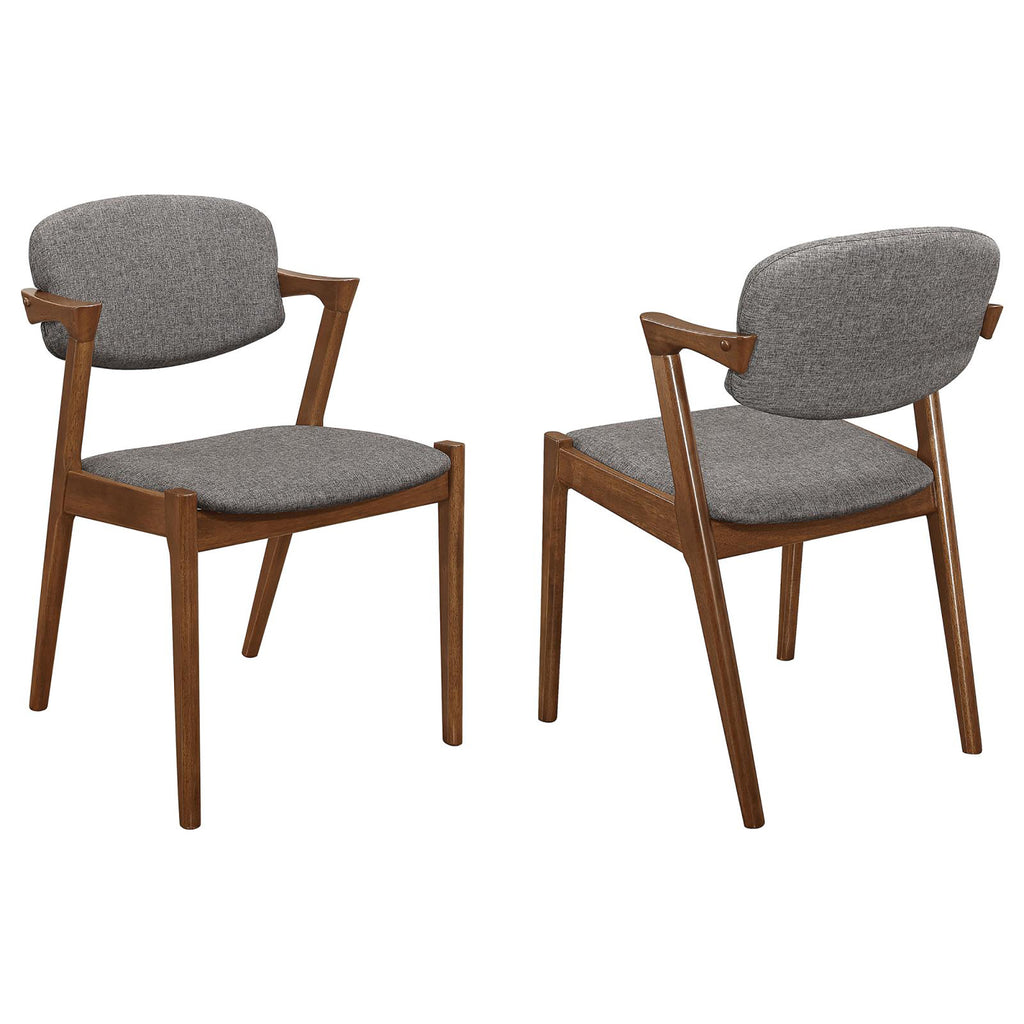 Mid-Century Modern Dining Chair Set of 2 in Dark Walnut Finish with Grey Upholstery and Zigzag Arm Design