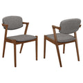 Mid-Century Modern Dining Chair Set of 2 in Dark Walnut Finish with Grey Upholstery and Zigzag Arm Design