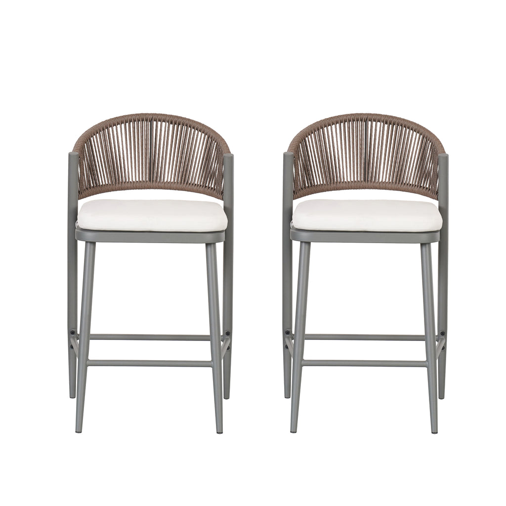 Outdoor 26' Counter Height Metal Frame Counter Stools with Scallop-shaped Backrest & Water-resistant Cushions, Set of 2, Matte Grey