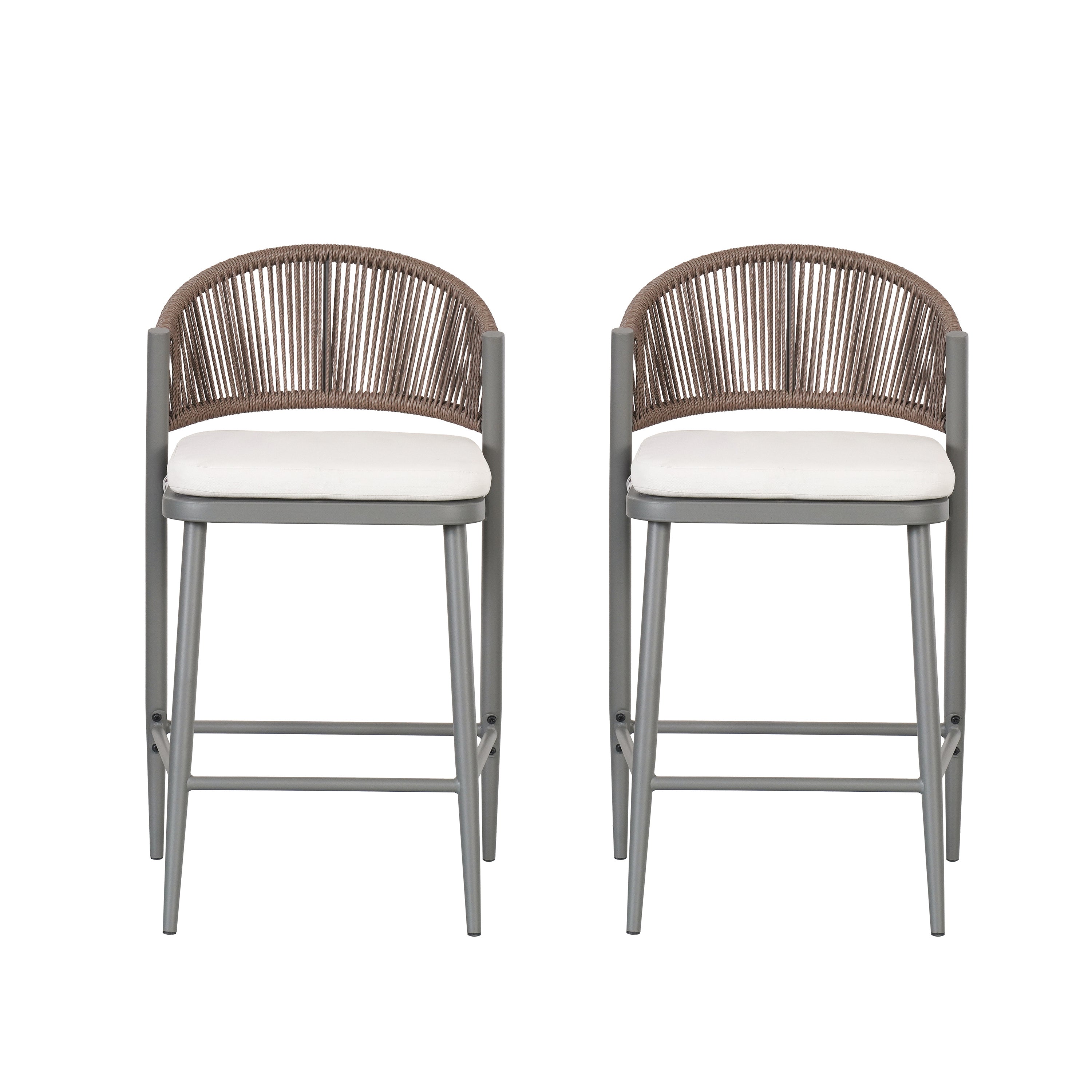 Outdoor 26' Counter Height Metal Frame Counter Stools with Scallop-shaped Backrest & Water-resistant Cushions, Set of 2, Matte Grey