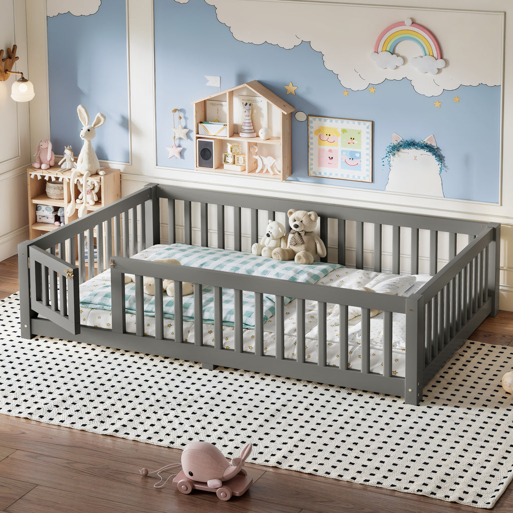 Full Size Bed Floor Bed with Safety Guardrails and Door for Kids, Gray