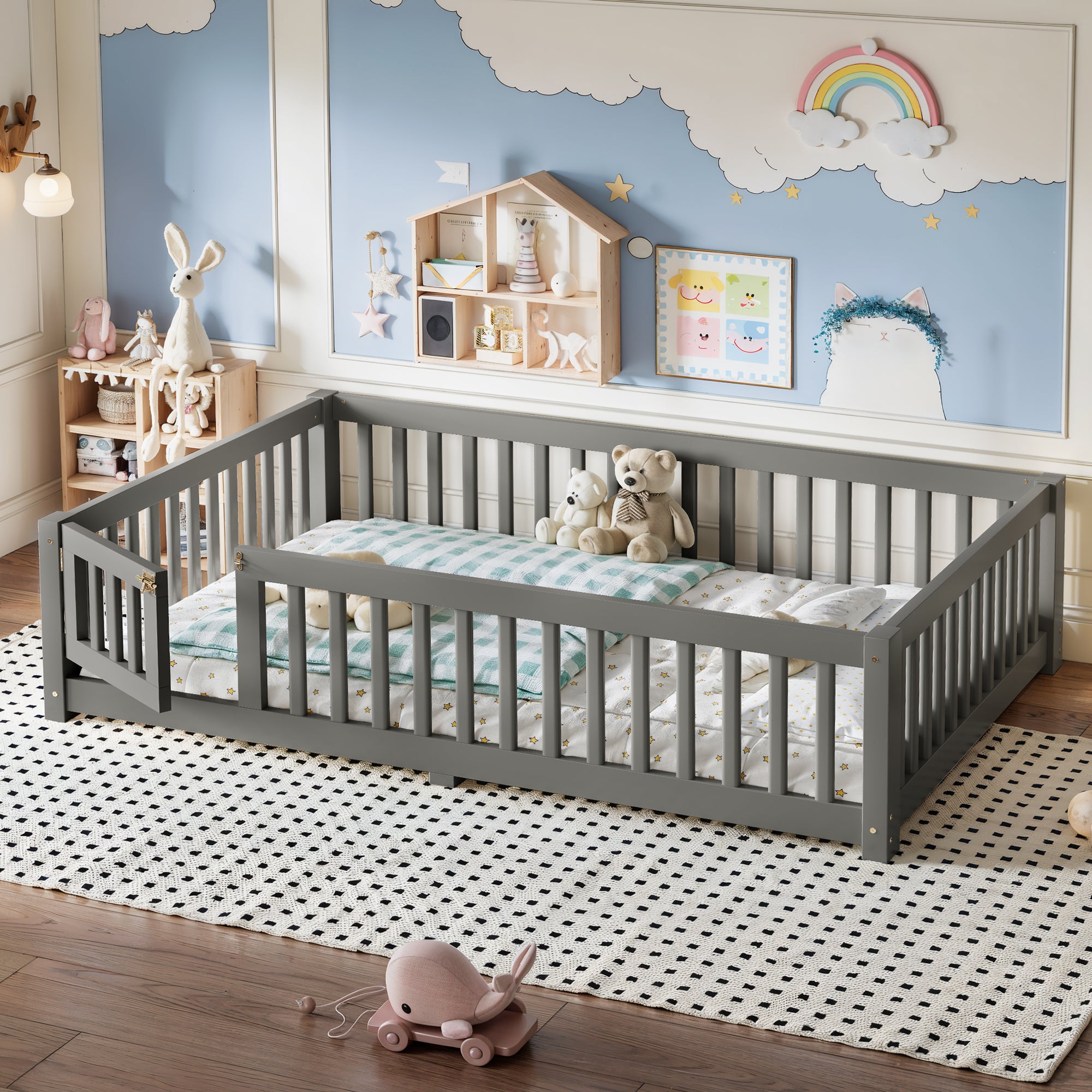 Full Size Bed Floor Bed with Safety Guardrails and Door for Kids, Gray
