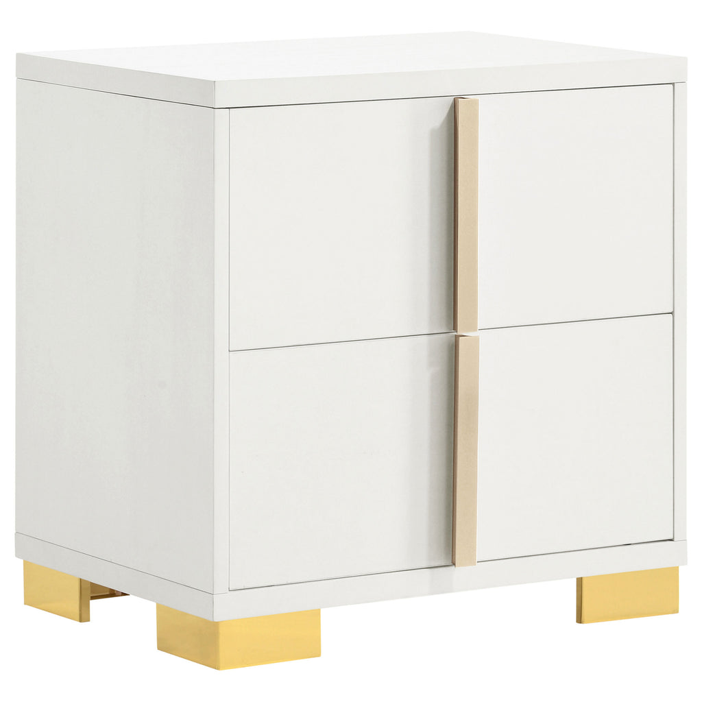 Jeremiah White Art Deco 2-Drawer Nightstand with Gold Accents in White Finish, Engineered Wood, 22.25H x 21.75W x 16.25D