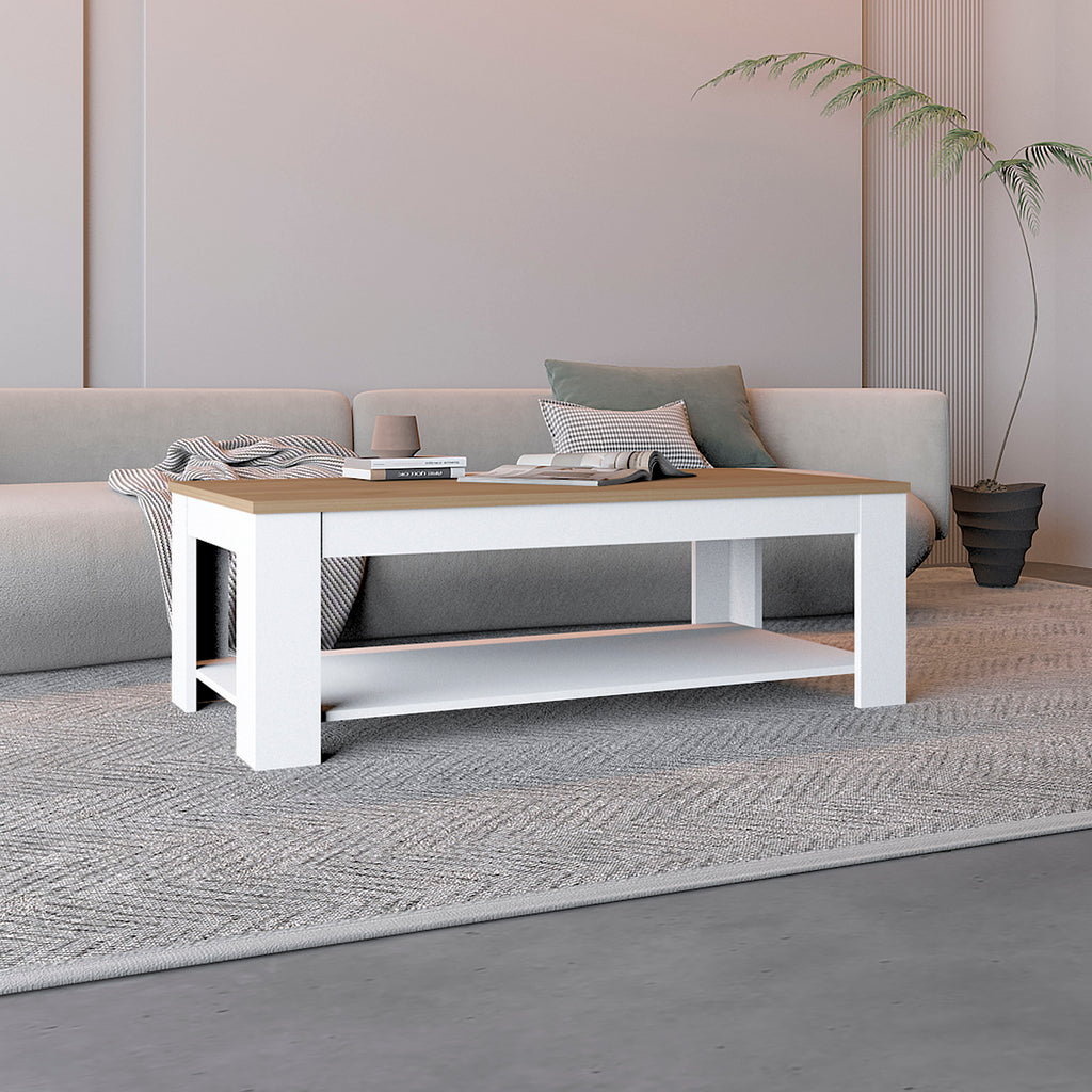 Cecil Coffee Table with Open Storage Shelf for Decor, Modern Design for Living Room or Lounge Area, White, Natural Oak