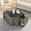 Hexagonal Rustic Retro Wood Coffee Table, with 2 Hidden Drawers, Textured Black Marble Tops, Light Brown Oak Finish - Perfect for Living Room & Reception Areas