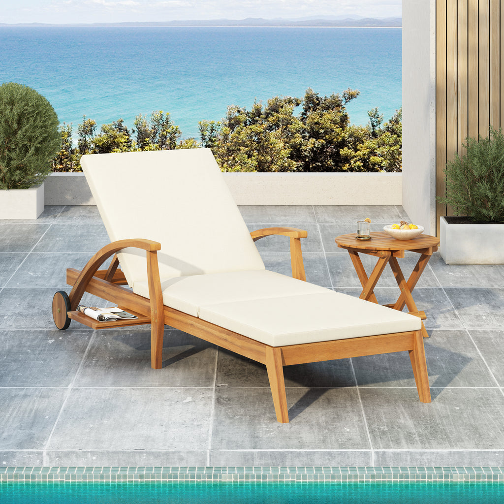 CHAISE LOUNGE WITH WHEEL - ACACIA WOOD RECLINER FOR PATIO/GARDEN, WITH 2INCH WHITE CUSHION, 4-POSITION ADJUSTABLE BACKREST, VERSATILE OUTDOOR FURNITURE ( Only 1 SET: 1 frame+ 1 Cushion)