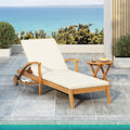 CHAISE LOUNGE WITH WHEEL - ACACIA WOOD RECLINER FOR PATIO/GARDEN, WITH 2INCH WHITE CUSHION, 4-POSITION ADJUSTABLE BACKREST, VERSATILE OUTDOOR FURNITURE ( Only 1 SET: 1 frame+ 1 Cushion)