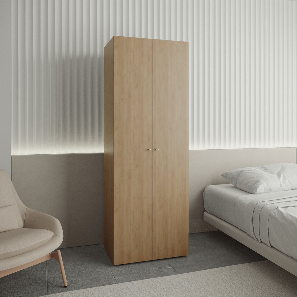 Home 2 Doors Closet System Armoire, Hanging Rod and Storage Shelf, Modern Armoire for Bedroom Organization Storage, Natural Oak