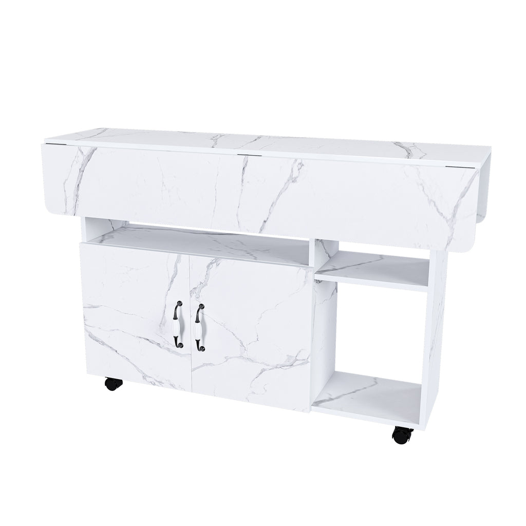 Multi-Functional Folding Table with Storage Shelves and Wheels, 47 Inch White MDF Compact Desk for Kitchen, Dorm, or Office