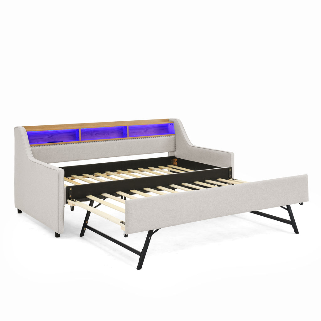 Beige Linen Upholstered Twin Sofa Bed with LED Lights, Wireless Charging, Adjustable Headboard Storage & Foldable Trundle, 80.5''x46''x34''