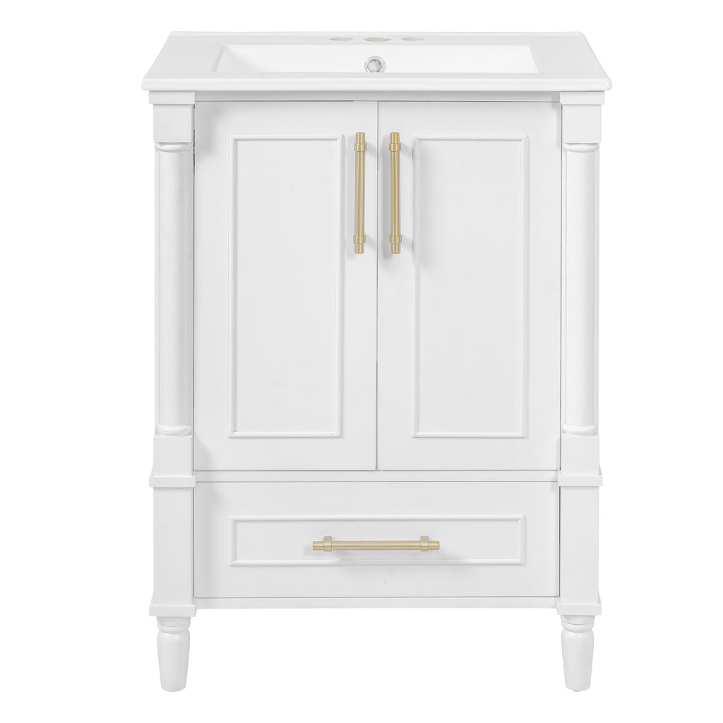Modern White Bathroom Vanity with Ornate Carved French Cylinder Legs, Solid Wood & MDF Construction, Soft-Close Drawer, 24' Rectangular Sink