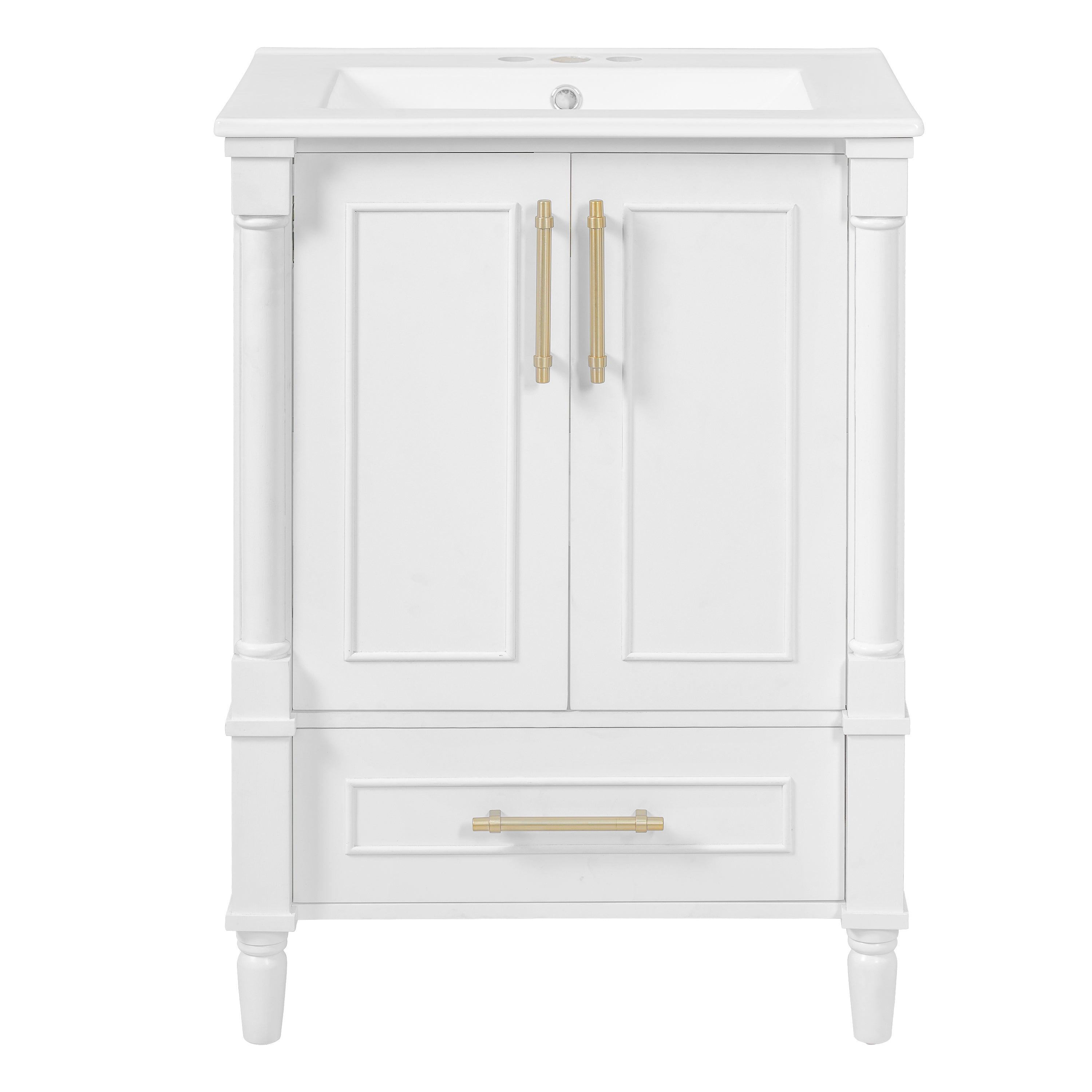 Modern White Bathroom Vanity with Ornate Carved French Cylinder Legs, Solid Wood & MDF Construction, Soft-Close Drawer, 24' Rectangular Sink