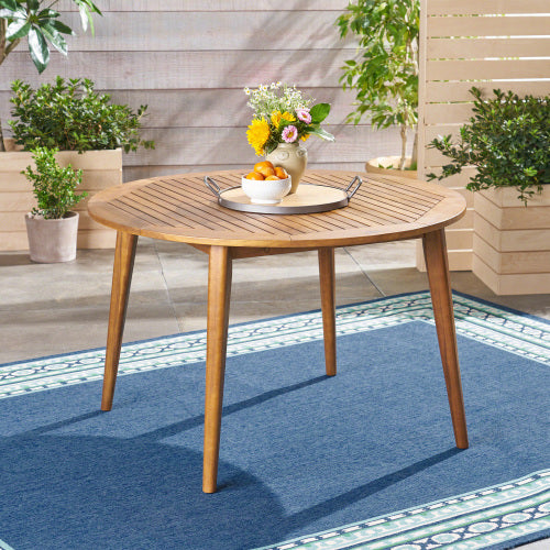47.25' Round Acacia Wood Dining Table with Teak Finish, Modern Slatted Patio Table for Indoor & Outdoor Use