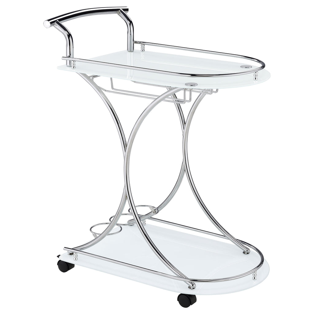 Allen White and Chrome 2-Tier Glass Shelf Metal Bar Cart with Stemware and Wine Rack in White Finish, Glass and Metal Construction