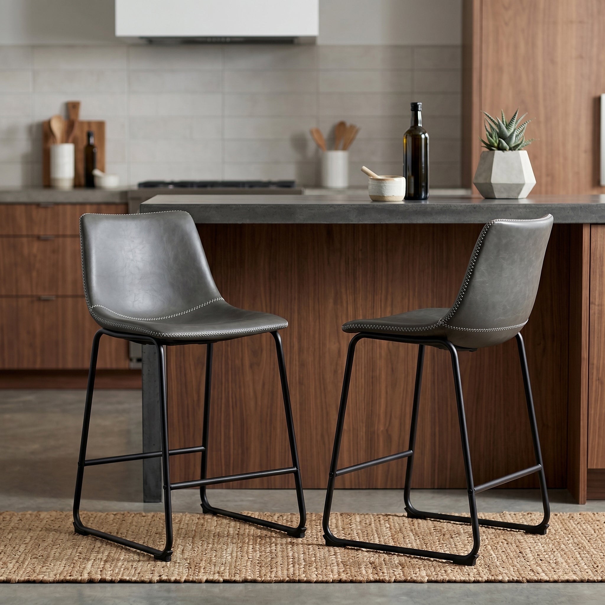 Lotusville Vintage PU Leather Counter Height Stools, Set of 2, Antique Grey