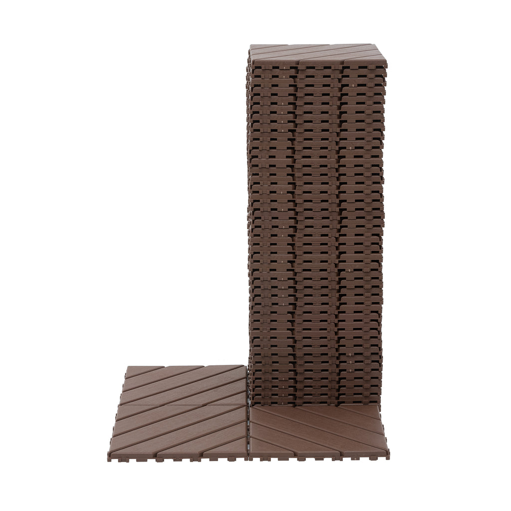 Brown Plastic Interlocking Deck Tiles, 44 Pack 12x12 Inch Waterproof Outdoor Patio Tiles, Durable PP Polypropylene Flooring for Poolside Balcony Backyard