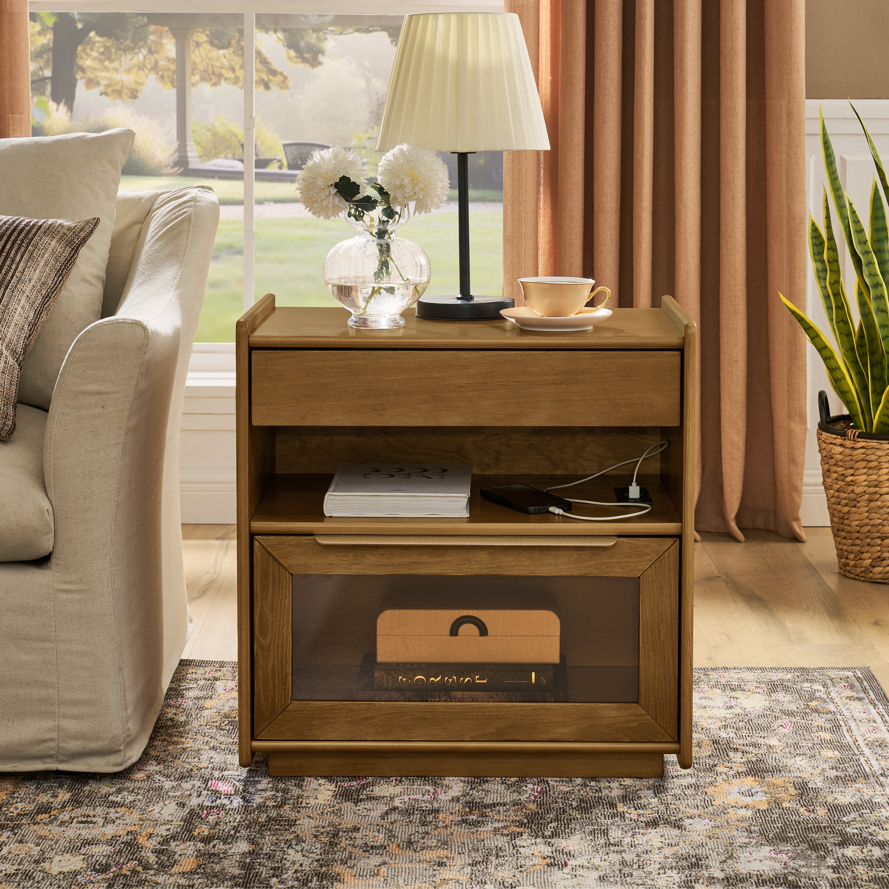 Mid Century Modern Nightstand with Charging Station & Outlet Hole & 2 Drawers, Farmhouse End Table with Open Shelf & Glass Drawer Dresser, Side Cabinet for Living Room Reception Room Dorm-Light Walnut