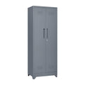 Grey Heavy Duty Metal Storage Cabinet with Locking Doors, Hanging Rod & Shelves, 65' H Broom Closet for Garage or Basement