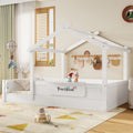 Twin Size Floor Bed with Guardrails and Roof, Kids House Floor Bed with a Small Built-in Tray and Free-installed Signboard, Childlike Design, White