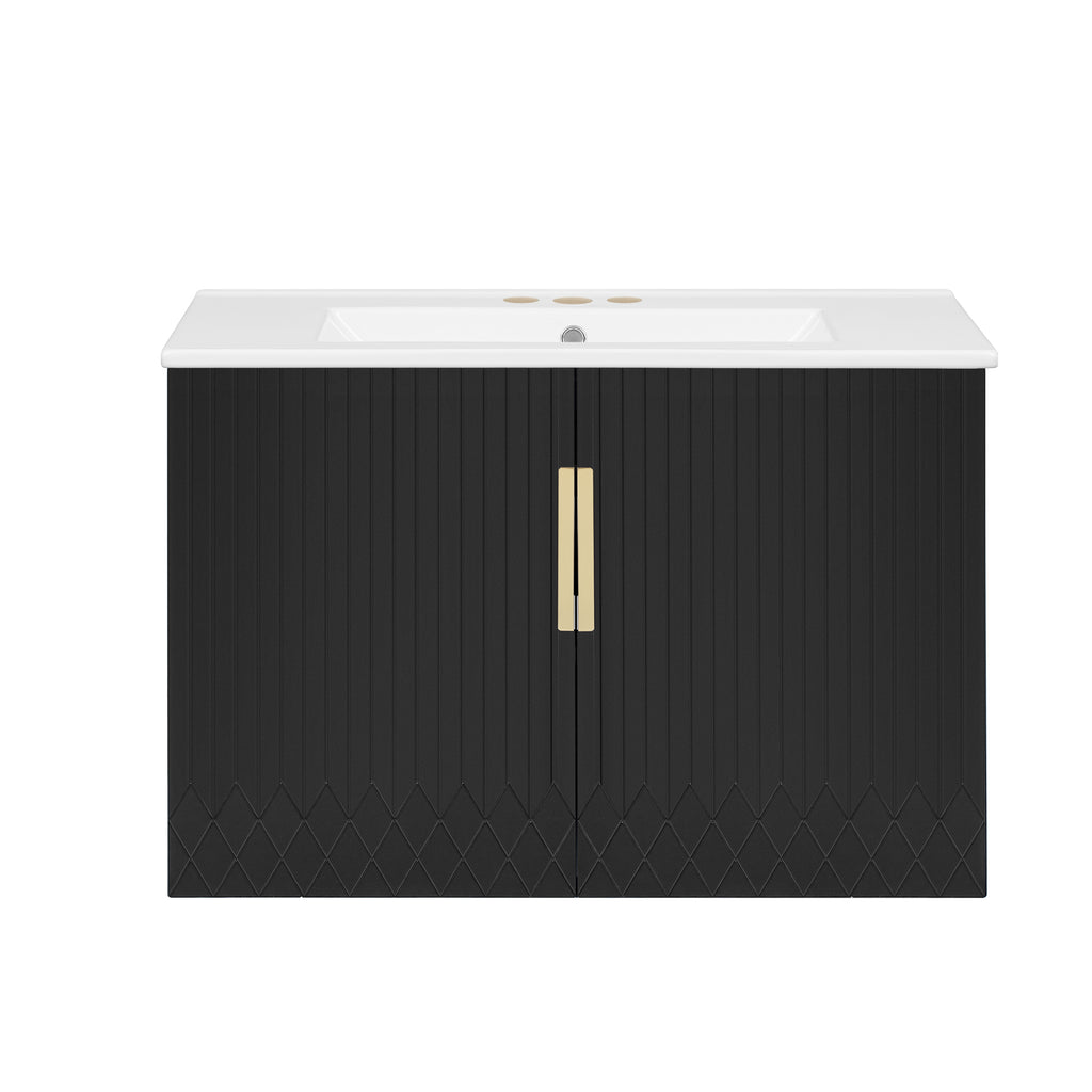 Vintage Black Bathroom Vanity with Ceramic Sink, 30' Rectangular Storage Cabinet, Glossy White Sink, MDF and Solid Wood Construction