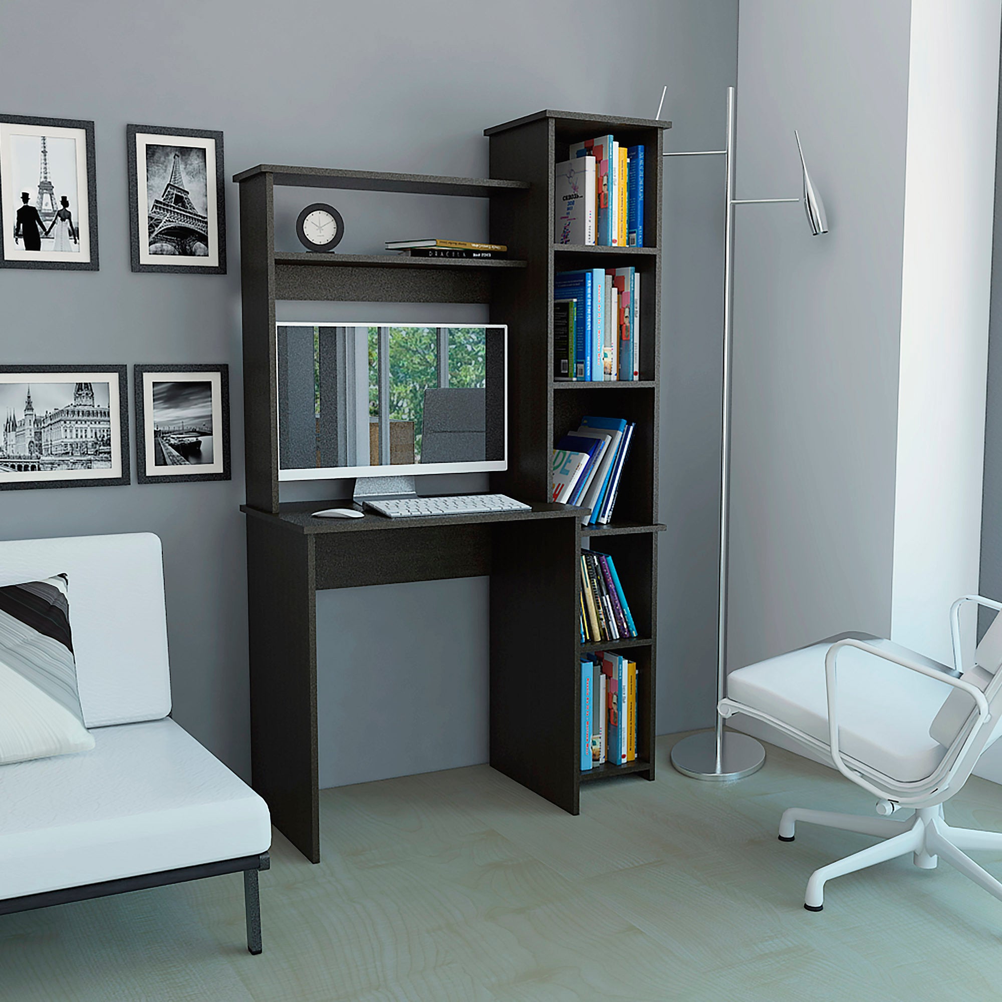 Wenge 6-Shelf Writing Desk with Built-in Bookcase