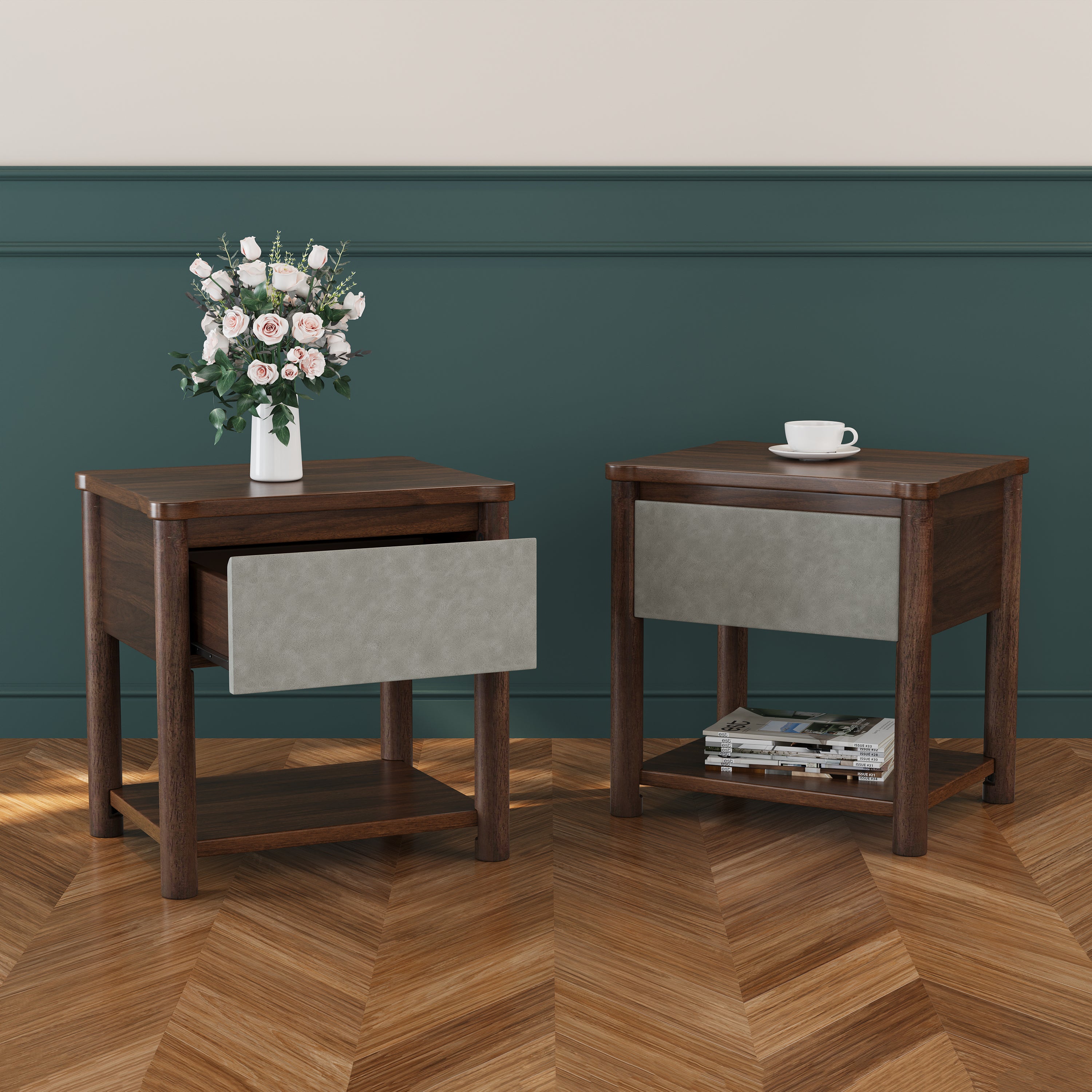 Wood Nightstand,Modern Nightstands with Drawer, Farmhouse Bedside Table for Bedroom Living Room,MP2(set of 2)  Walnut&Light Grey Color