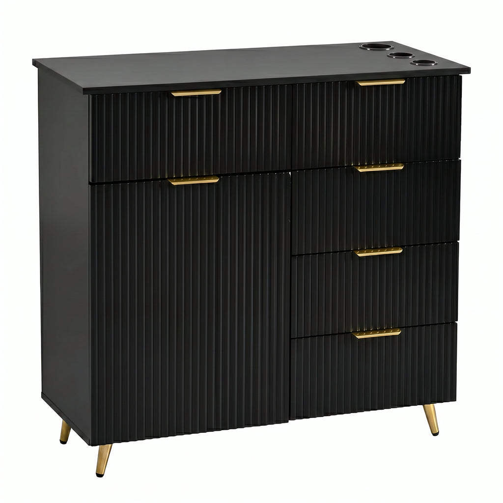 Modern Salon Station with Fluted Design, Barber Cabinet with 5 Drawers, 1 Storage Cabinet, 3 Hair Dryer Holders, Gold Handles & Metal Legs, Hair Stylist Storage Cabinet for Barber Shop, Beauty Spa